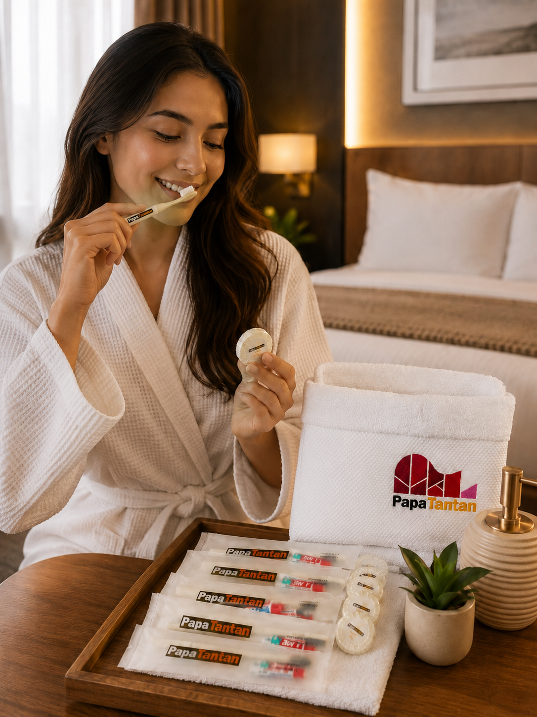 Papa Tantan branded toiletries, towel, and bath amenities laid out on a tray