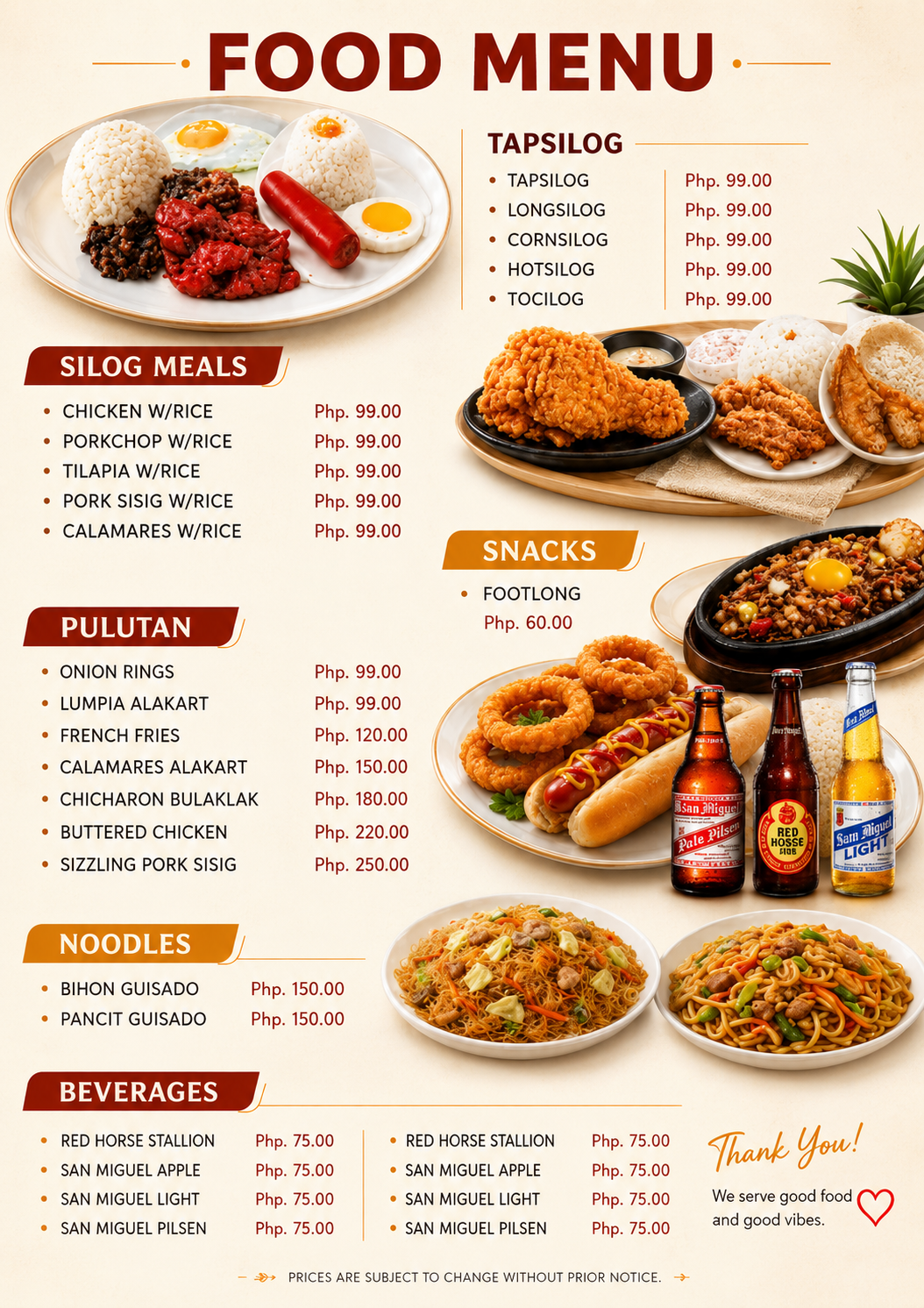Papa Tantan food menu poster listing silog meals, tapsilog, pulutan, snacks, noodles, and beverages with prices